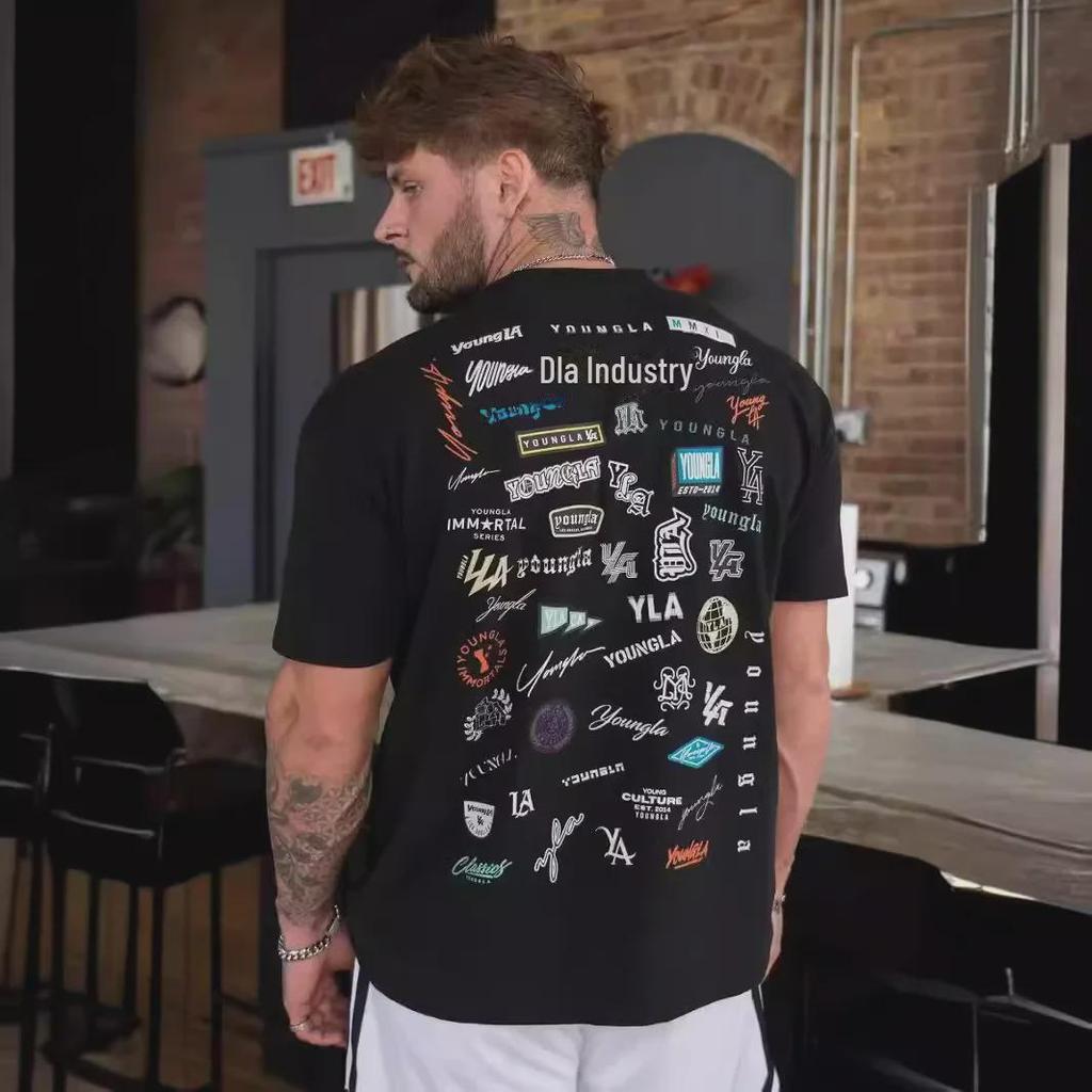 Мужская футболка свободного кроя YOUNG LA из хлопка — летний принт на всю спину, короткие рукава, круглый вырез, повседневный спортивный топ для фитнеса