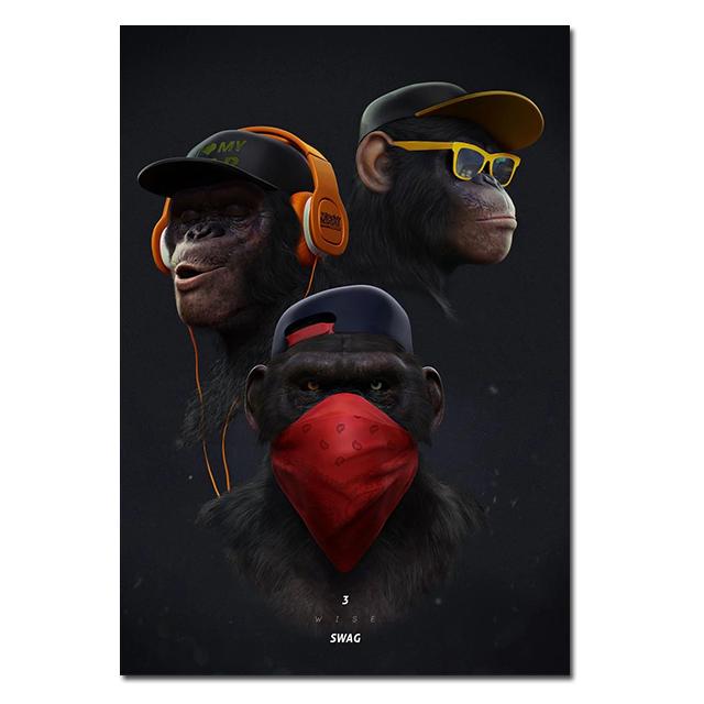 Three Cool Gorilla Oil Painting "Monkey Listening To Music" Modern Home Mural
