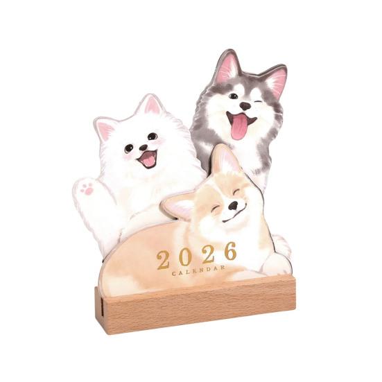 2026 Small Desk Calendar with Wooden Base Cute Dog Cat Patterns Monthly Planner