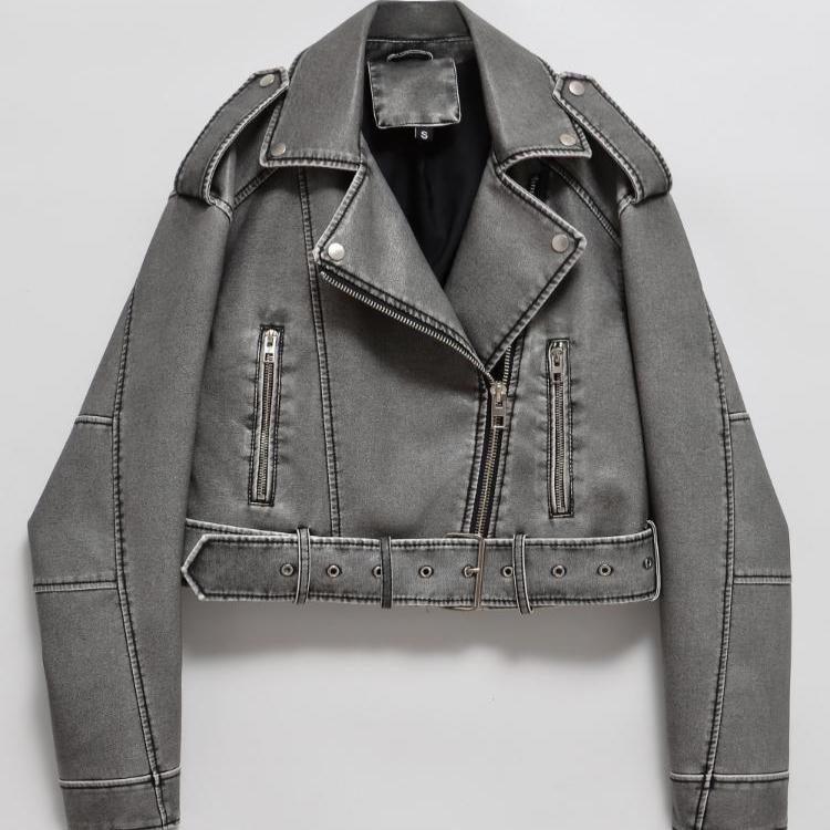 Spring Autumn Women Loose Zipper with Belt Retro Faux Leather Short Jacket Streetwear Female Chic Vintage Coat Outwear