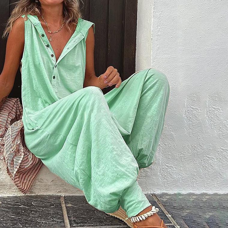 Винтажный комбинезон на пуговицах, летний женский повседневный пляжный комбинезон с перекрестными брюками, модный свободный однотонный комбинезон без рукавов с капюшоном, уличная одежда