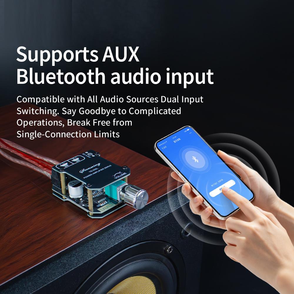 YS-502L 2-канальная плата аудиоусилителя Bluetooth 5.0, стереомодуль усилителя мощности 100 Вт с входом AUX и регулятором громкости для динамиков