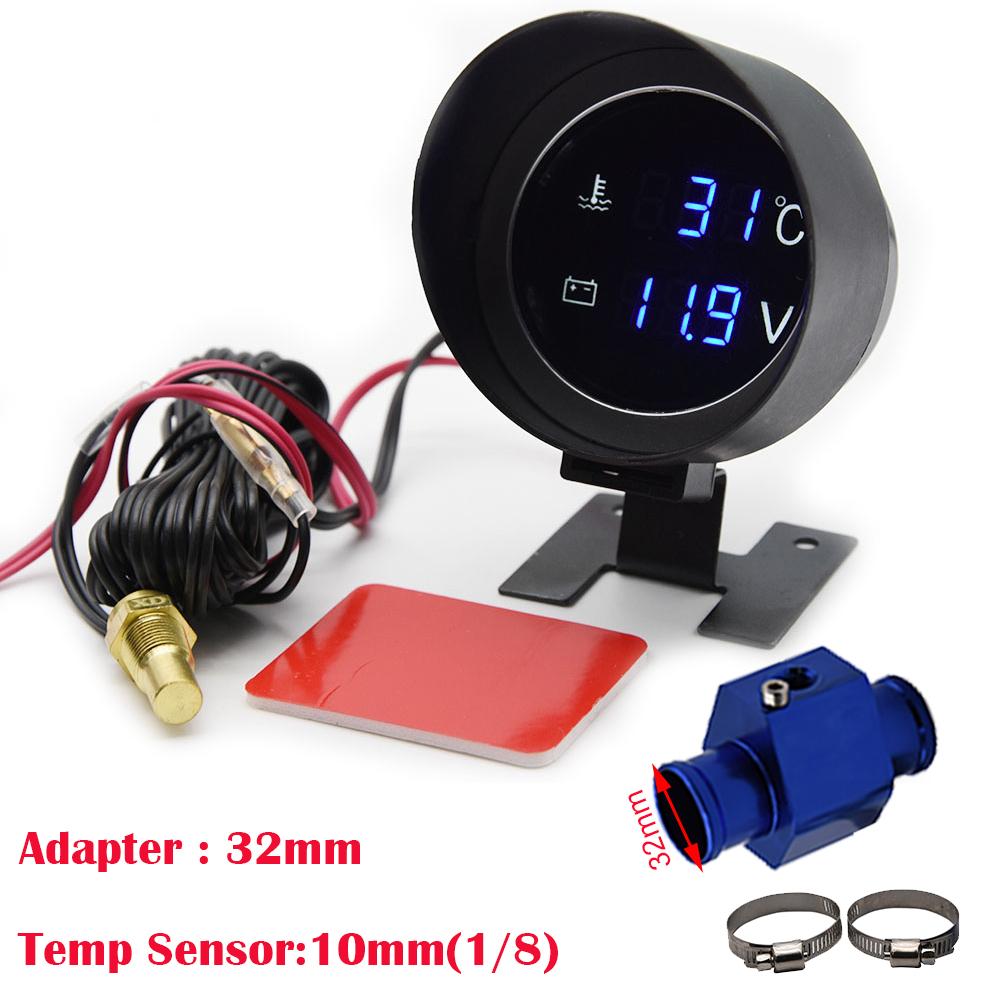 Round LCD Digital Car Truck Water Temp Gauge 10mm Temperature Sensor Temperatura Moto Meter with 28mm 30mm 32mm 34mm Adapter