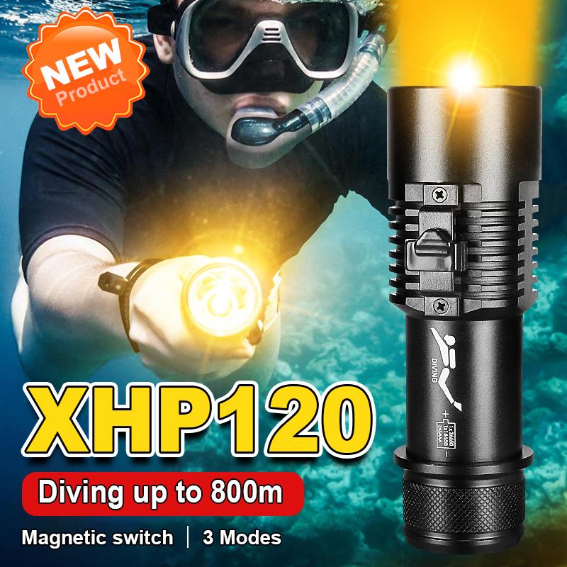 Профессиональный фонарик для дайвинга IPX8 XHP 120, желтый фонарь для дайвинга, 800 м, водонепроницаемый светильник для дайвинга, подводный фонарь