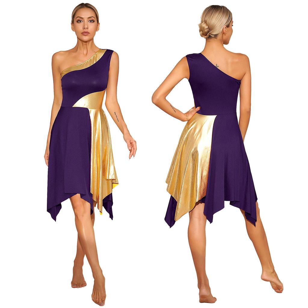 Женское платье цвета металлик для лирического танца, туника без рукавов для богослужения, танцевальная одежда с неровным подолом