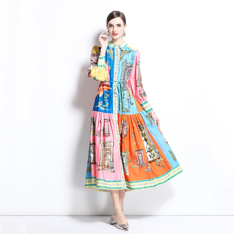 Spring Summer Women Turn-down Collar Shirt Vintage Print Oversize Long Loose Party Dresses
