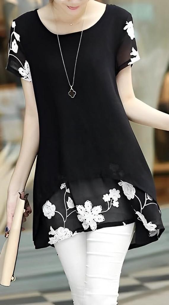 Simple Layered Floral Tunic Layered Short Sleeve Ruffle Top Tiered Cuff Sleeve Chiffon Flounce Ruffle Straight Flower Hanagara Embroidery Russell Lace