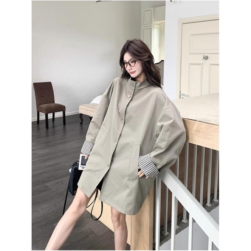 Womens Vintage Plaid Trench Coat Stand Collar Loose Mid-Length British Style Outerwear Fall Winter