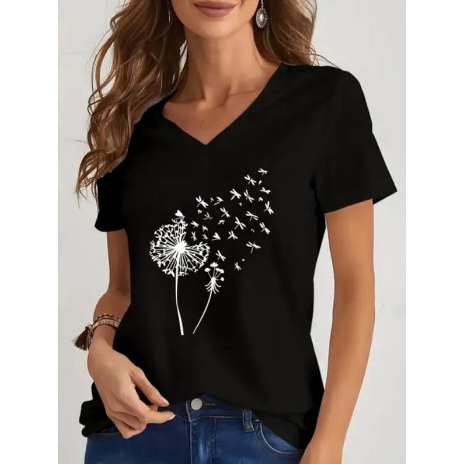 Summer V-neck 3D Flower Pattern Printed Top Fashionable Casual Short Sleeved Women's T-shirts