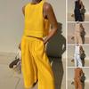 2Pcs/Set Women Summer Outfit O-neck Sleeveless Vest Elastic High Waist Long Pants Set Solid Color Thin Casual Outfit