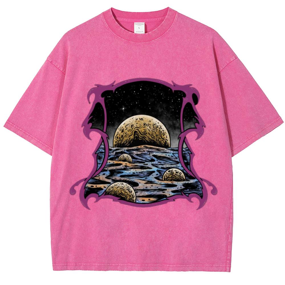 Cartoon Cartoon Style Outer Space Print Women's T-Shirt Washed Denim Oversized Loose Short Sleeve Unisex Couple