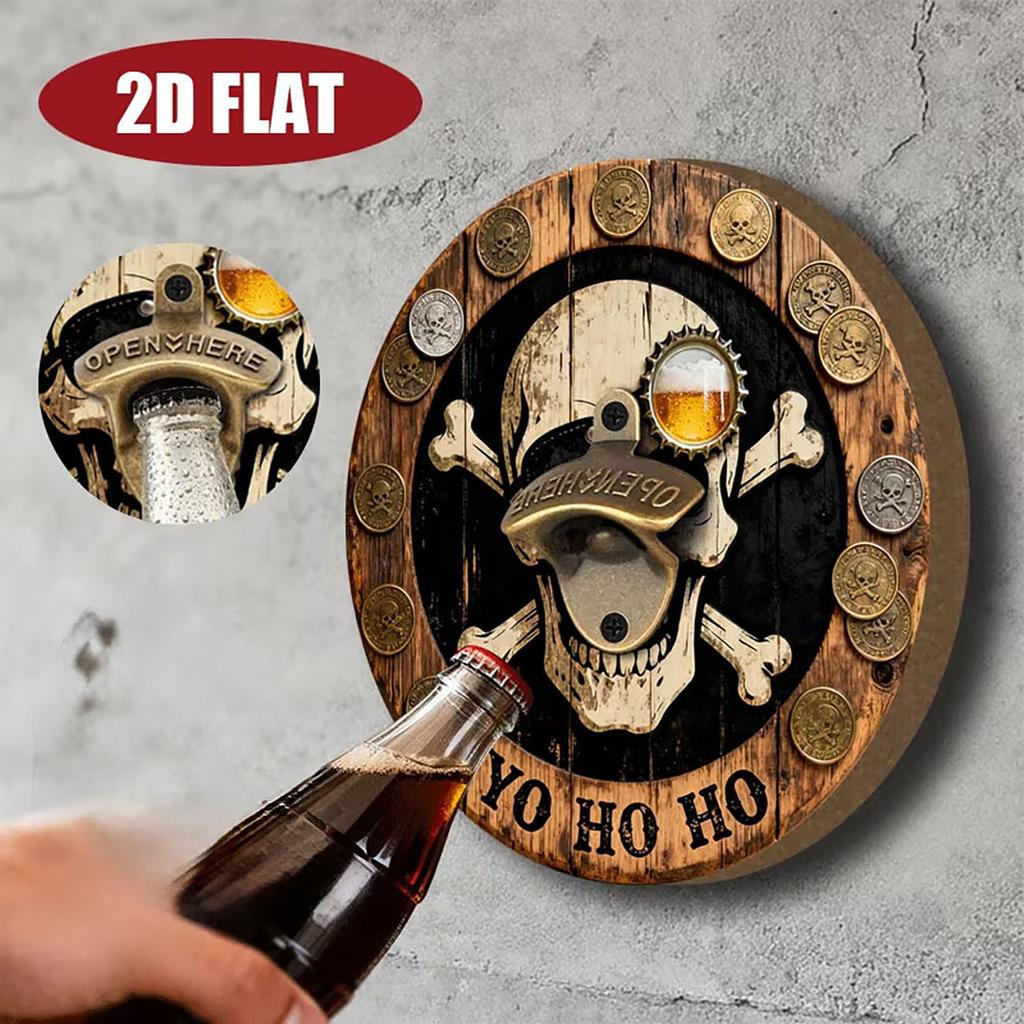 1pc 2D Flat Round Wooden Wall Bottle Opener Pirate Skull Crossbones Coin Print Wood Sign for Bar Man Cave Wall Decor 6