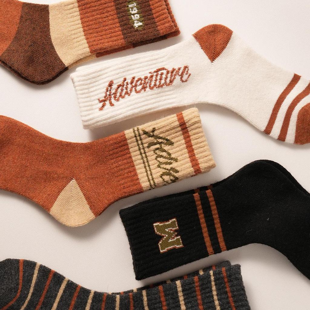 Women's Wool Socks - New Autumn/Winter Korean Striped Mid-Tube with Lettering, Heat-Storage, Warm, Trendy Pile Socks