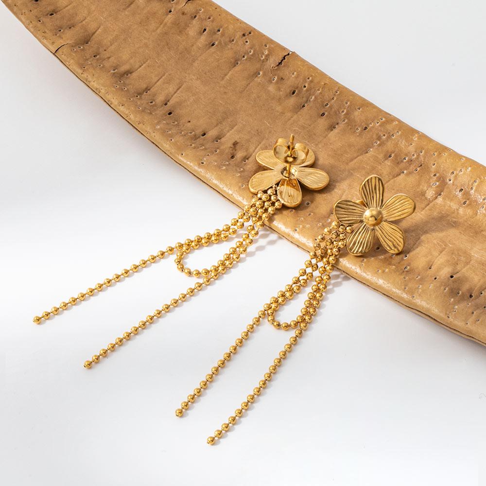 Joolim 18K Gold Plated Waterproof Fashion Elegant Sweety Flower Tassel Chain Hoop Earring Stainless Steel Jewelry