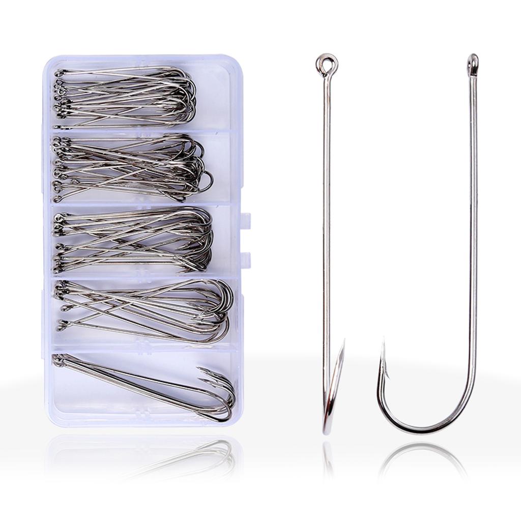 70 шт. крючков для рыбалки с зазубринами, прямые крючки с длинным цевьем, разные размеры крючков для ловли окуня, форели, снасти для соленой воды