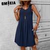 Women's Fashion Summer Spring Solid Color Print Sleeveless O-Neck High Waist Casual Dresses