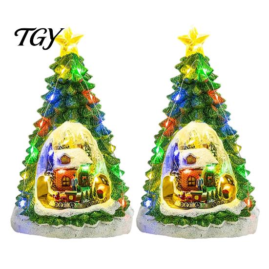 Gift for Christmas Party 2Pcs Train Music Box with Rotating Light, Snow Village Carousel Atmosphere Enhancers Ornament, Battery/USB Powered