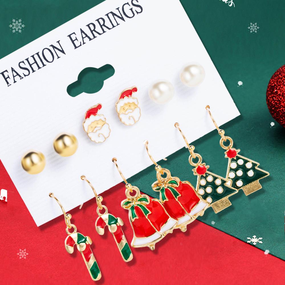6 Pairs Ladies Christmas Series Earrings With Santa Claus Zircon Pattern Fashionable And Cute Cartoon Alloy Earrings Accessories