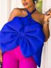 Women Halter Crop Tops Shirts Summer Patchwork Big Bowtie Backless Event Evening Clubwear Party Night Out Camis Blouse