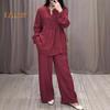 2 Pcs/Set Women Top Pants Suit Round Neck Half Single-breasted Long Sleeves Loose Blouse Wide Leg Pure Color Trousers Casual Pantsuit Sport Clothes