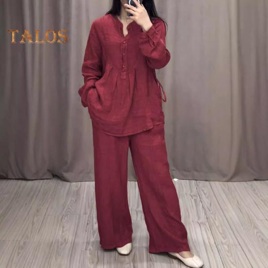 2 Pcs/Set Women Top Pants Suit Round Neck Half Single-breasted Long Sleeves Loose Blouse Wide Leg Pure Color Trousers Casual Pantsuit Sport Clothes