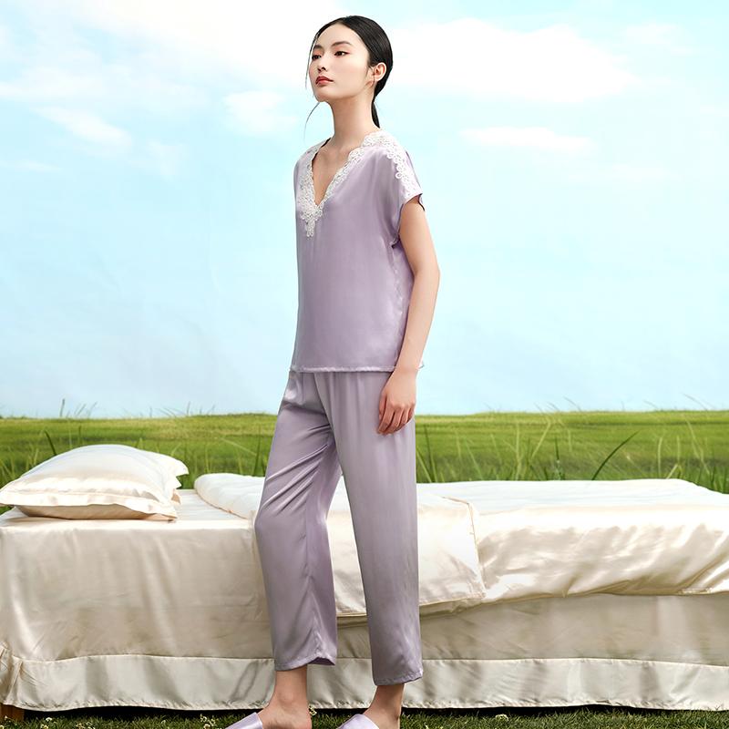 100% Mulberry Silk High-End Fashion V-Neck Off-Shoulder Sleeves Long Pants Home Suit Set for Women