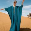 Middle East Muslim Dress Lake Blue Ribbon Cape Dubai Loose Bat Shirt Robe Dress