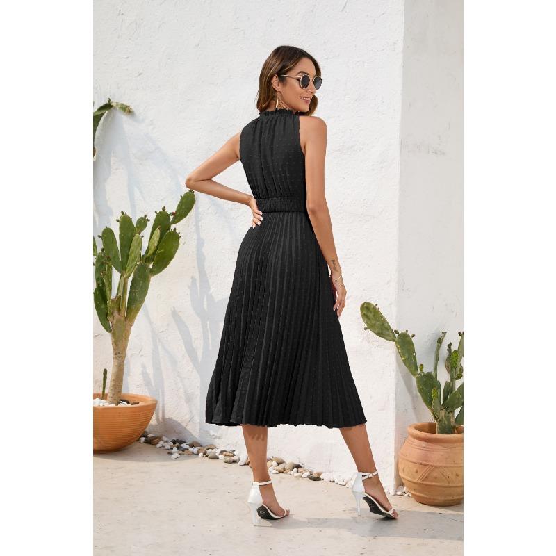 Tie High Waist Pressure Pleated Sleeveless Summer Casual Vacation Travel Dresses