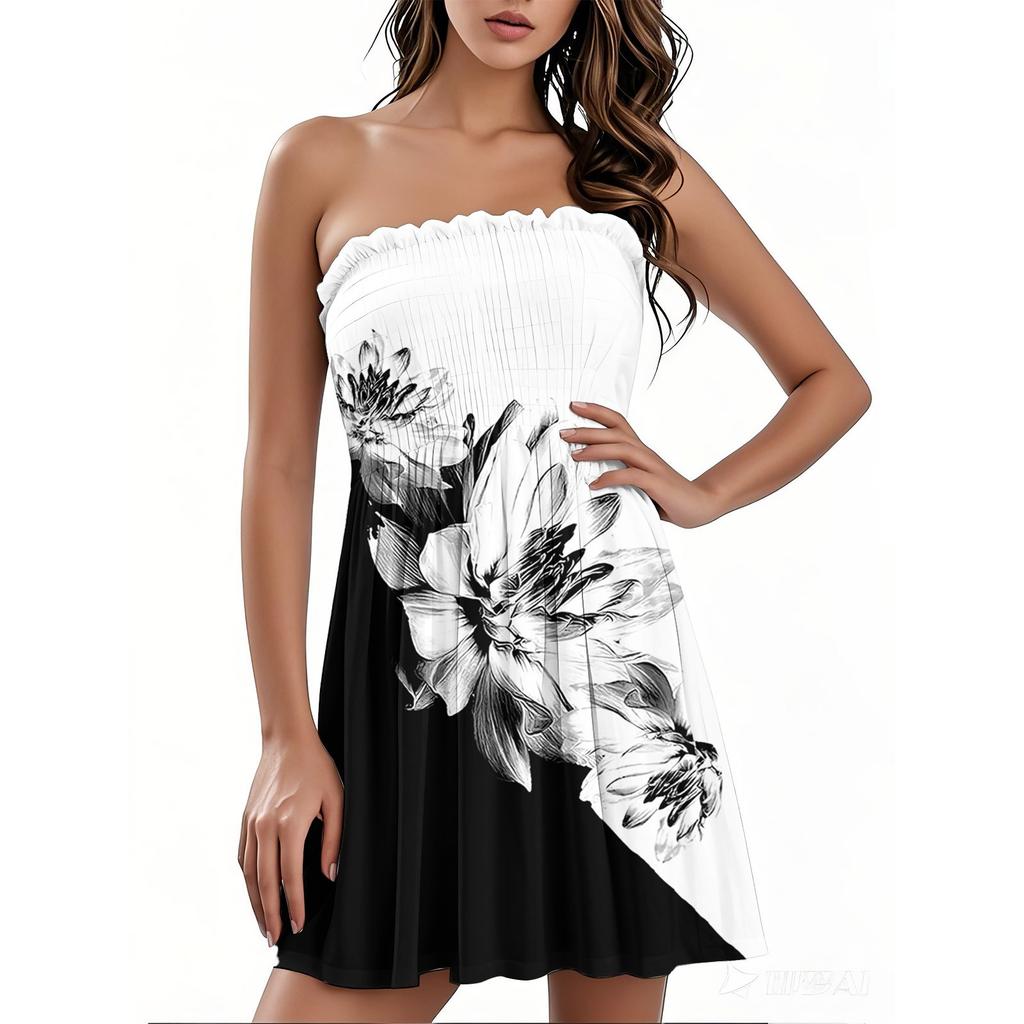 Модное женское повседневное платье-бандо с цветочным принтом без рукавов