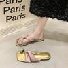 Мода 2024 Бренд Туфли на низком каблуке в сочетании с современными шлепанцами Летняя уличная женская обувь Однотонные блестящие сексуальные женские шлепанцы