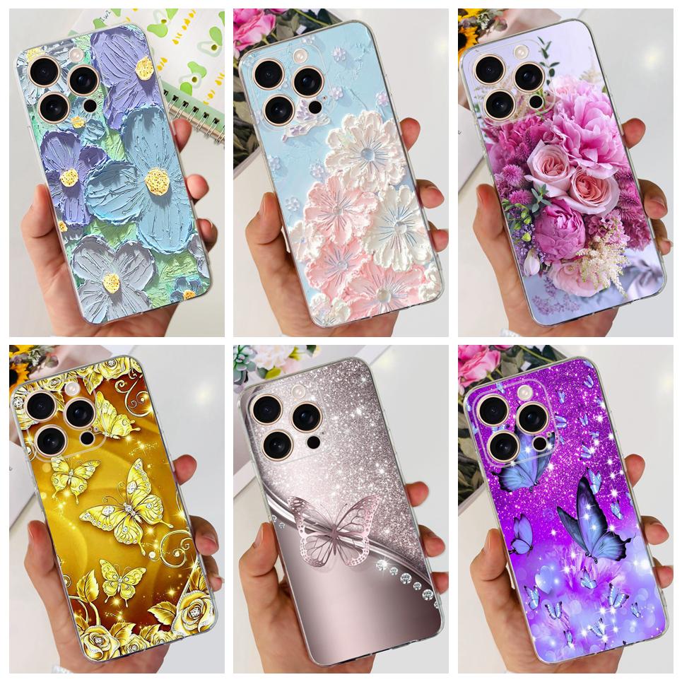 Flower Butterfly Women Fashion Back Cover For iPhone 16 Pro 16 Plus 16 Pro Max Phone Funda Transparent Soft TPU Silicone Case