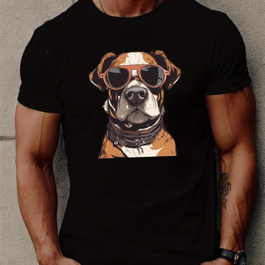Cool Boxer Dog Wearing Sunglasses Graphic Tee Men Casual Short Sleeve Cotton T Shirt