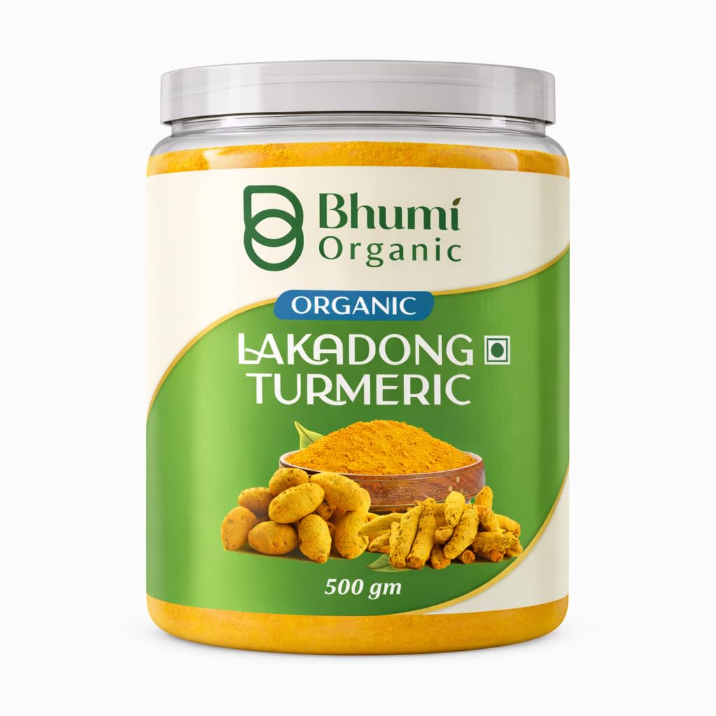 Органический порошок куркумы Lakadong от Bhumi - Высокое содержание куркумина, 100% чистый и натуральный, Произведен в Мегхалае, 500 г