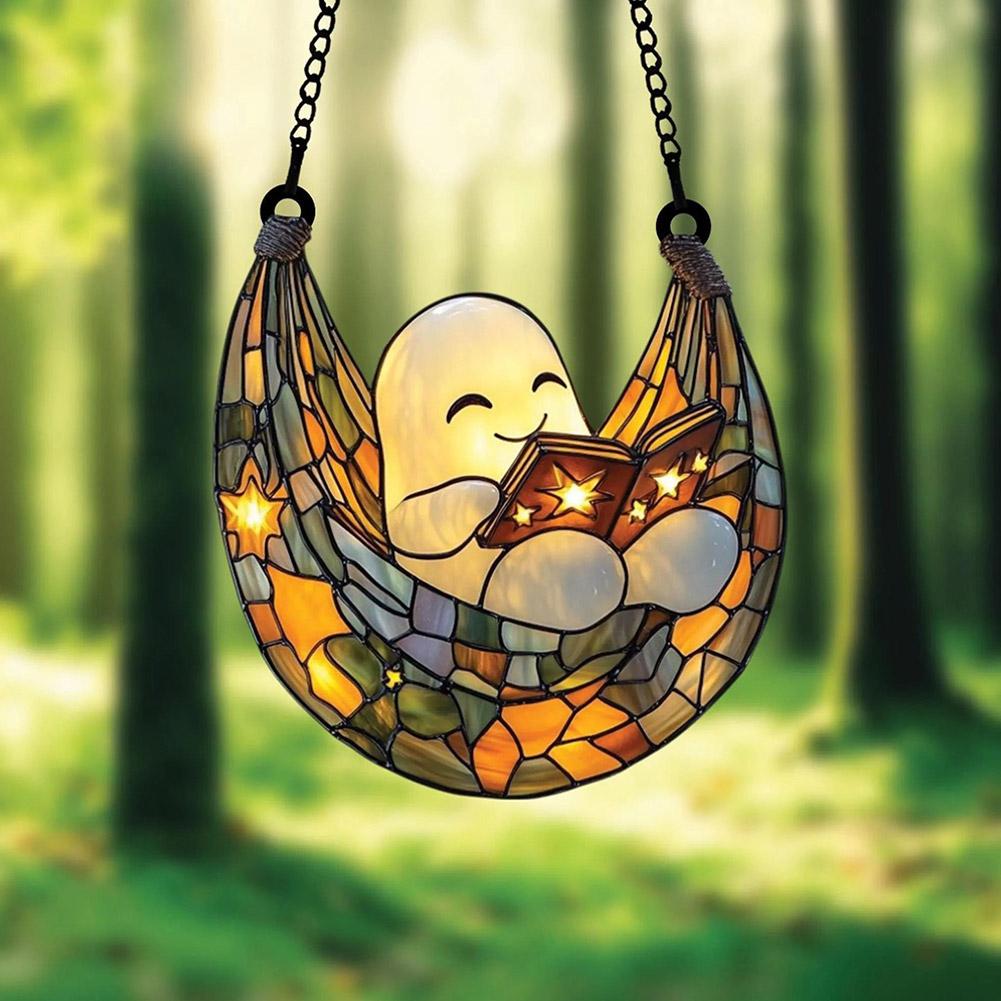 Halloween Creative Ghost Reading Book Suncatcher Hanging Decor Pendant Flat Acrylic Home Crafts Window Ornaments
