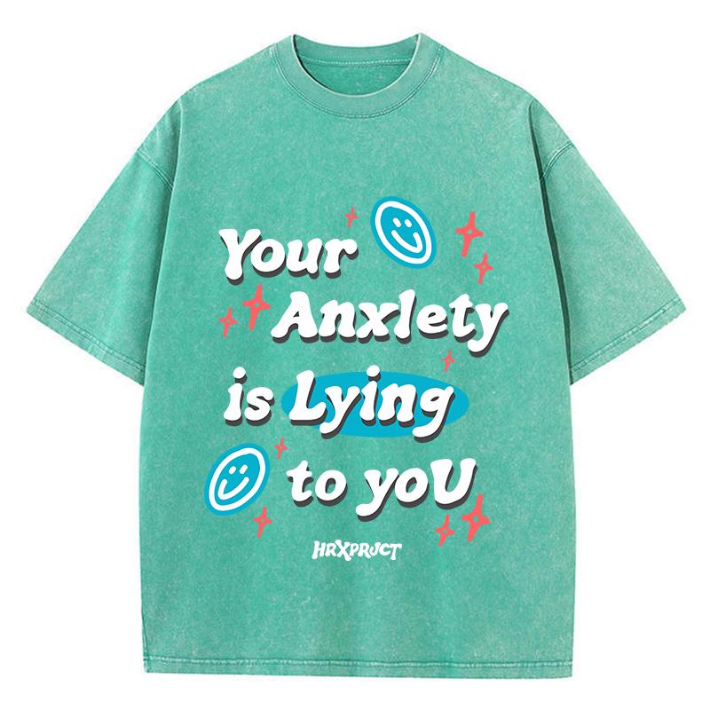 Винтажные женские футболки с кислотной стиркой Ваши тревоги лгут вам Принты Топы Круглый вырез Хлопок Оверсайз Рубашки