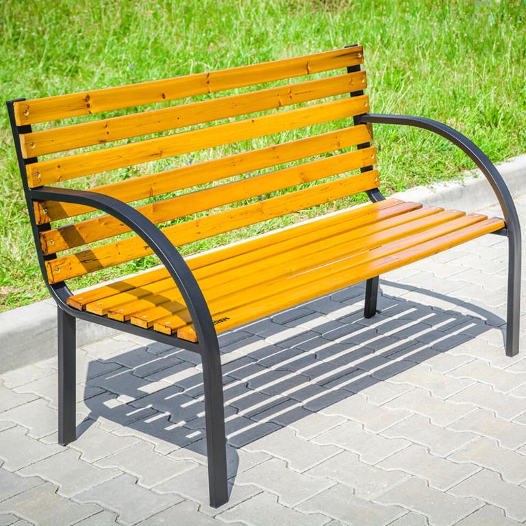 Wooden garden bench, cemetery bench, metal park bench with backrest, large