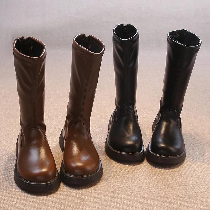 Children Long Boots Solid Color Knee-high Autumn Kids Boot Soft Pu Leather 26-36 Trendy Zipper Light Comfy All-match Girl's Shoe