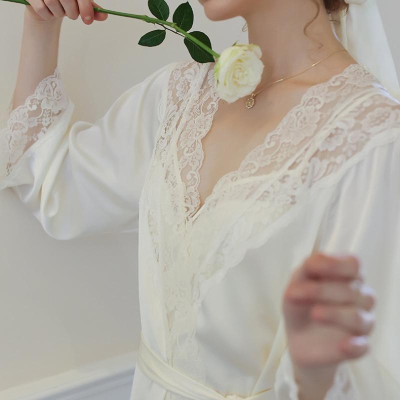 Пижама из ледяной шелковой ленты, женская ночная рубашка на слинге, двухсекционная ночная рубашка во французском дворцовом стиле, домашняя осень, корейский шикарный винтажный элегантный повседневный костюм