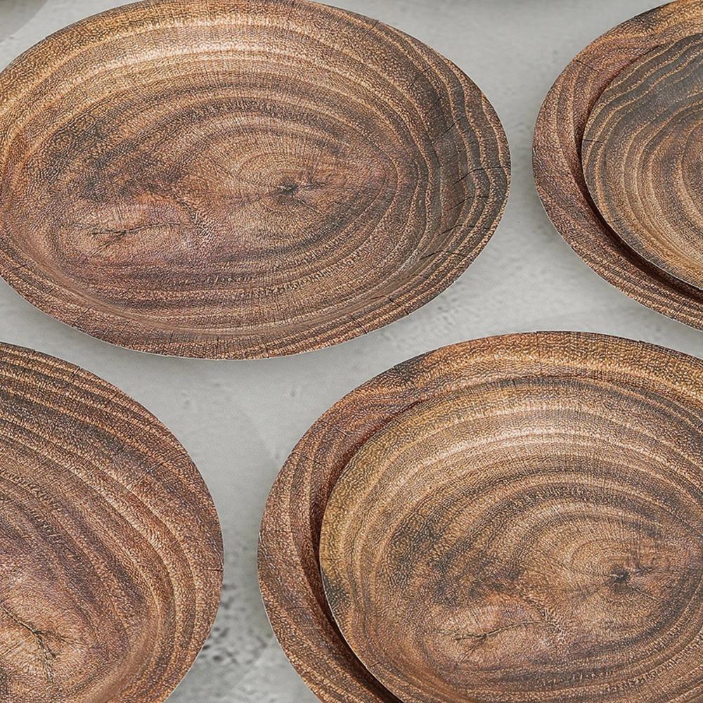 10pcs Round Imitation Wood Grain Disposable Plate Vintage Paper Food Tray Disposable Dish Picnic