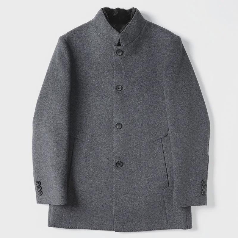 Мужское шерстяное пальто средней длины с мехом норки, съемной подкладкой из гусиного пуха и воротником-стойкой