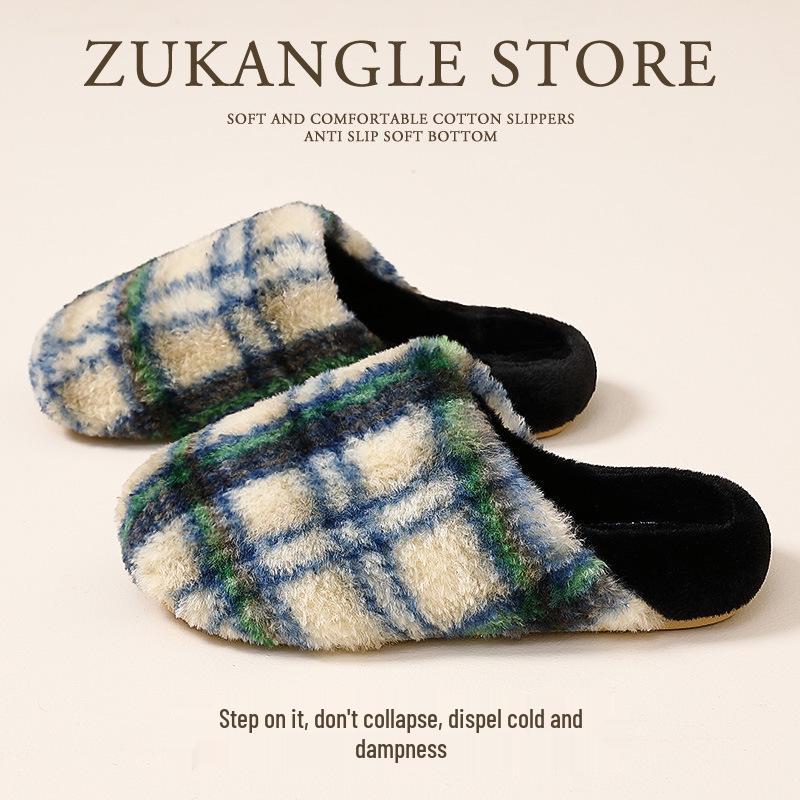 Thickened Autumn/Winter Plaid Stripe Cotton Slippers - Comfortable Unisex Homewear