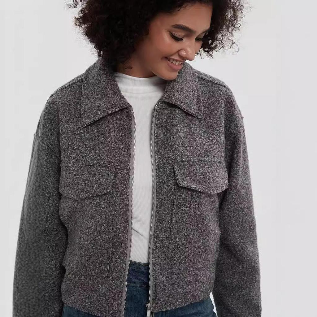 Женское пальто из серой шерсти в европейском и американском стиле с отложным воротником, большими карманами, для осени и зимы