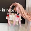 Cute Bowknot Woven Straw Handbag Beach Ruffle Lace Pearl Chain Crossbody Bag