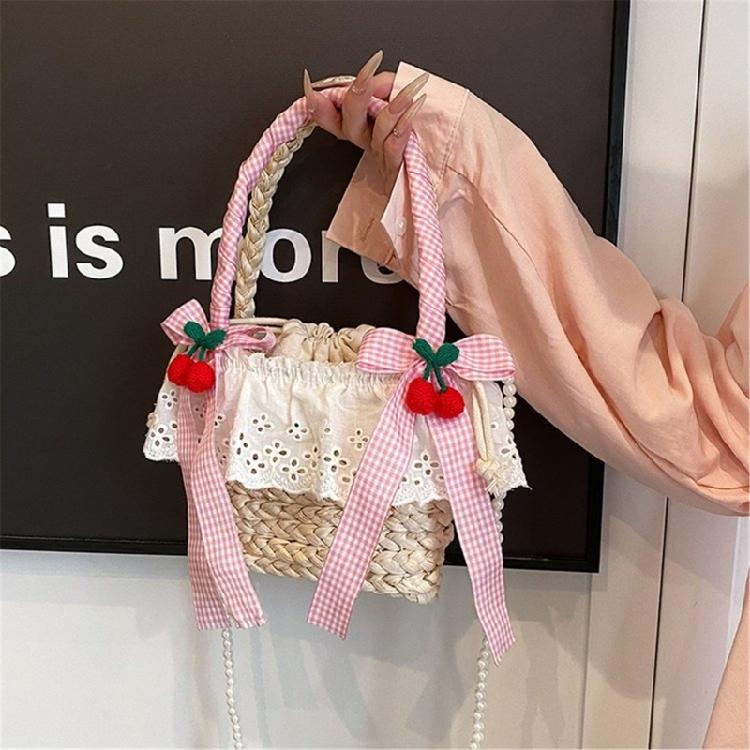 Cute Bowknot Woven Straw Handbag Beach Ruffle Lace Pearl Chain Crossbody Bag