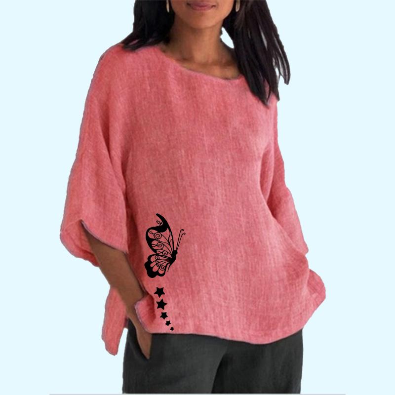 Women Casual 3/4 Sleeved Cotton Linen Top Ladies O Neck Spring&summer Thin Print Plus Size Long Shirt