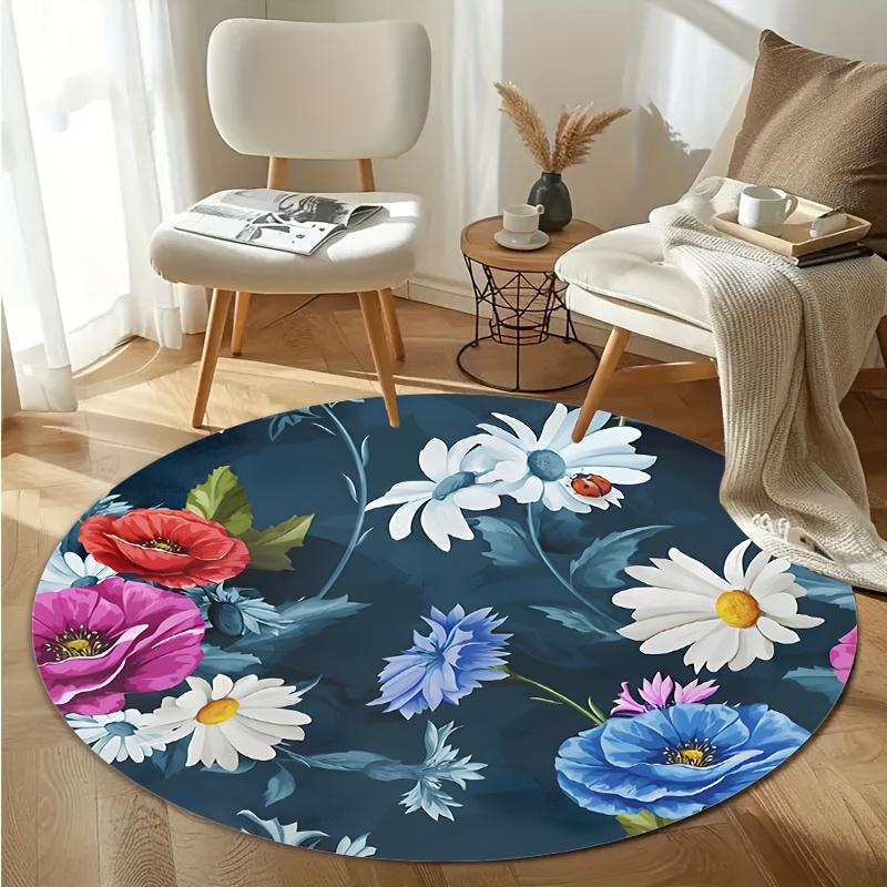 Round Spring Floral Pattern Rug – Machine Washable Indoor Mat for Dorm, Living Room Bedroom Decor