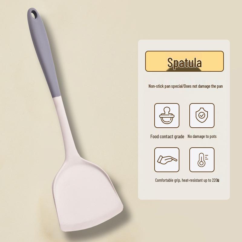 Серый и белый силиконовый набор кухонной утвари: Жаростойкий, антипригарный скиммер, лопатка и суповая ложка