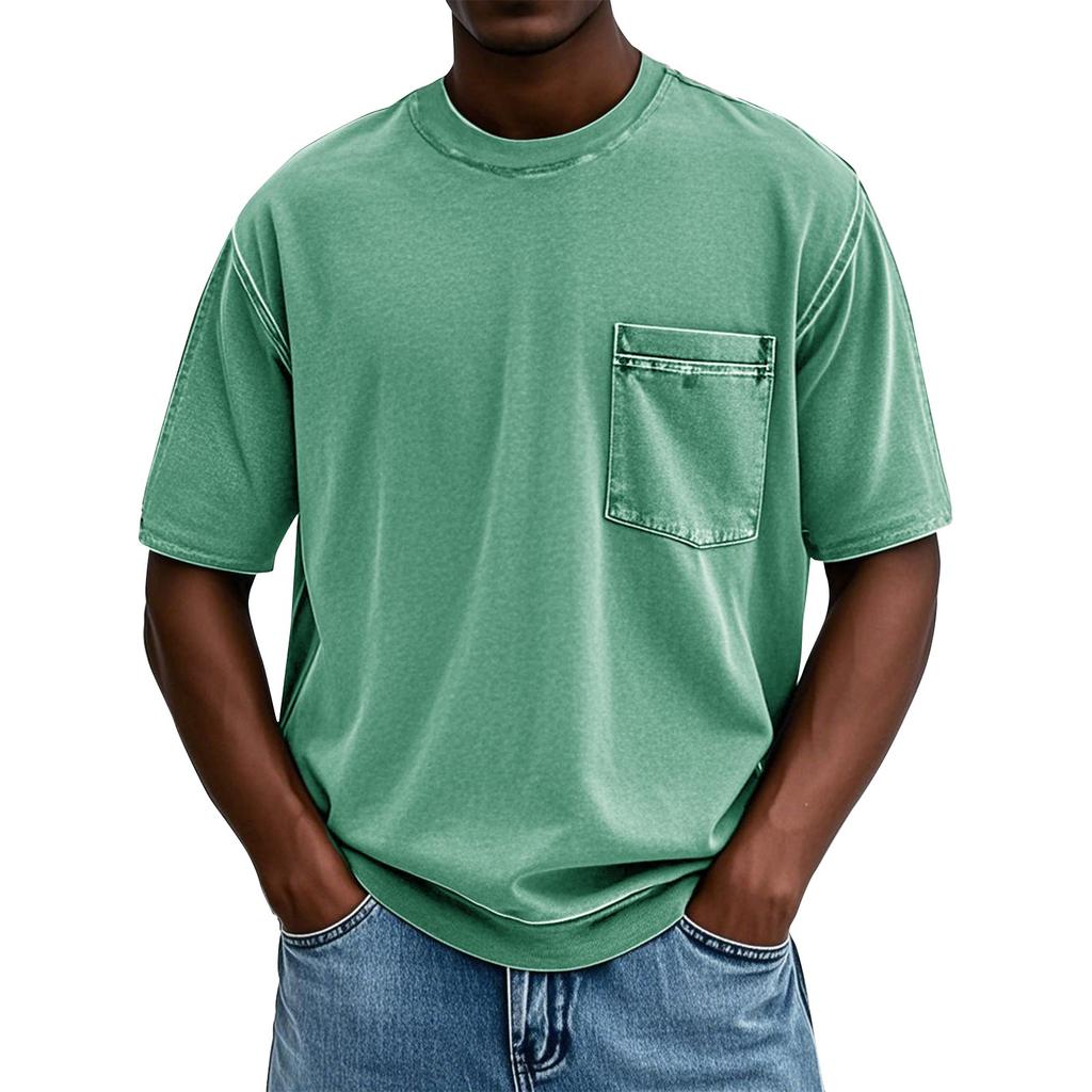 Men's Summer Solid Color Round Neck Loose Pocket Short Sleeve Top