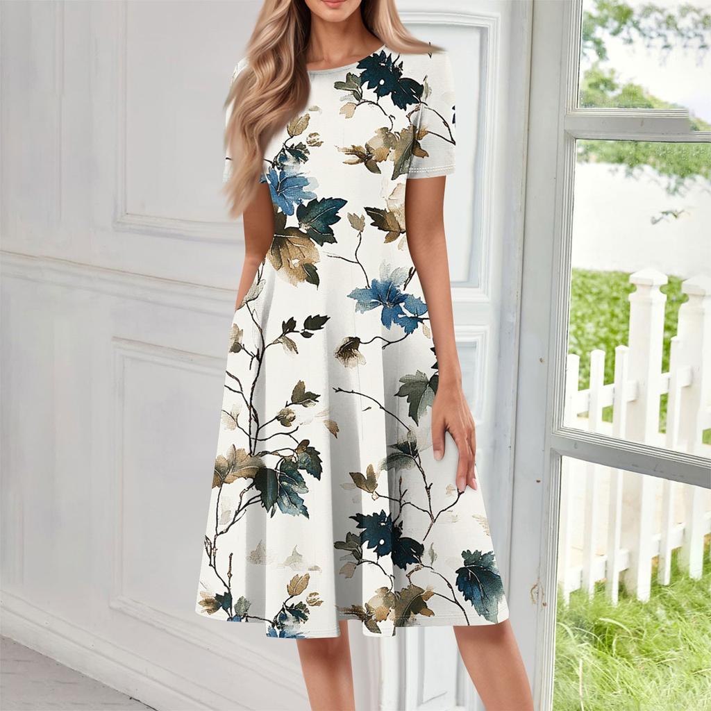Женское свободное повседневное и модное платье с круглым вырезом и короткими рукавами, средней длины с принтом