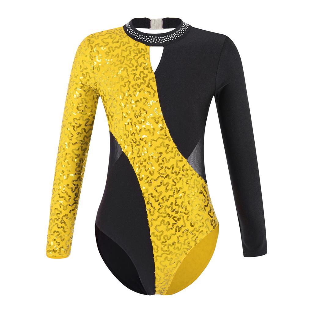 Детский гимнастический трико с открытой спиной для девочек, боди для фигурного катания с блестящими пайетками и длинными рукавами для танцев